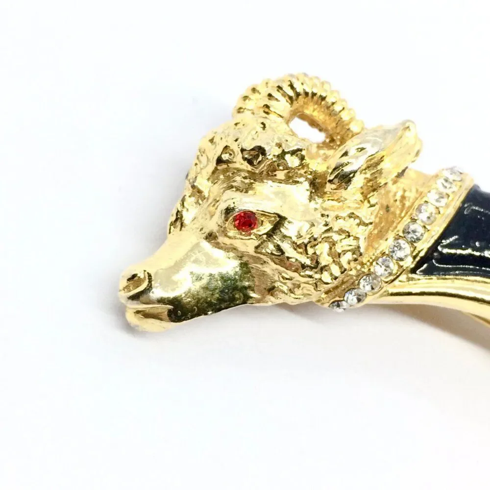 VINTAGE RAM BROOCH Black Enamel Horn Rhinestone Gold Tone Aries Statement Pin